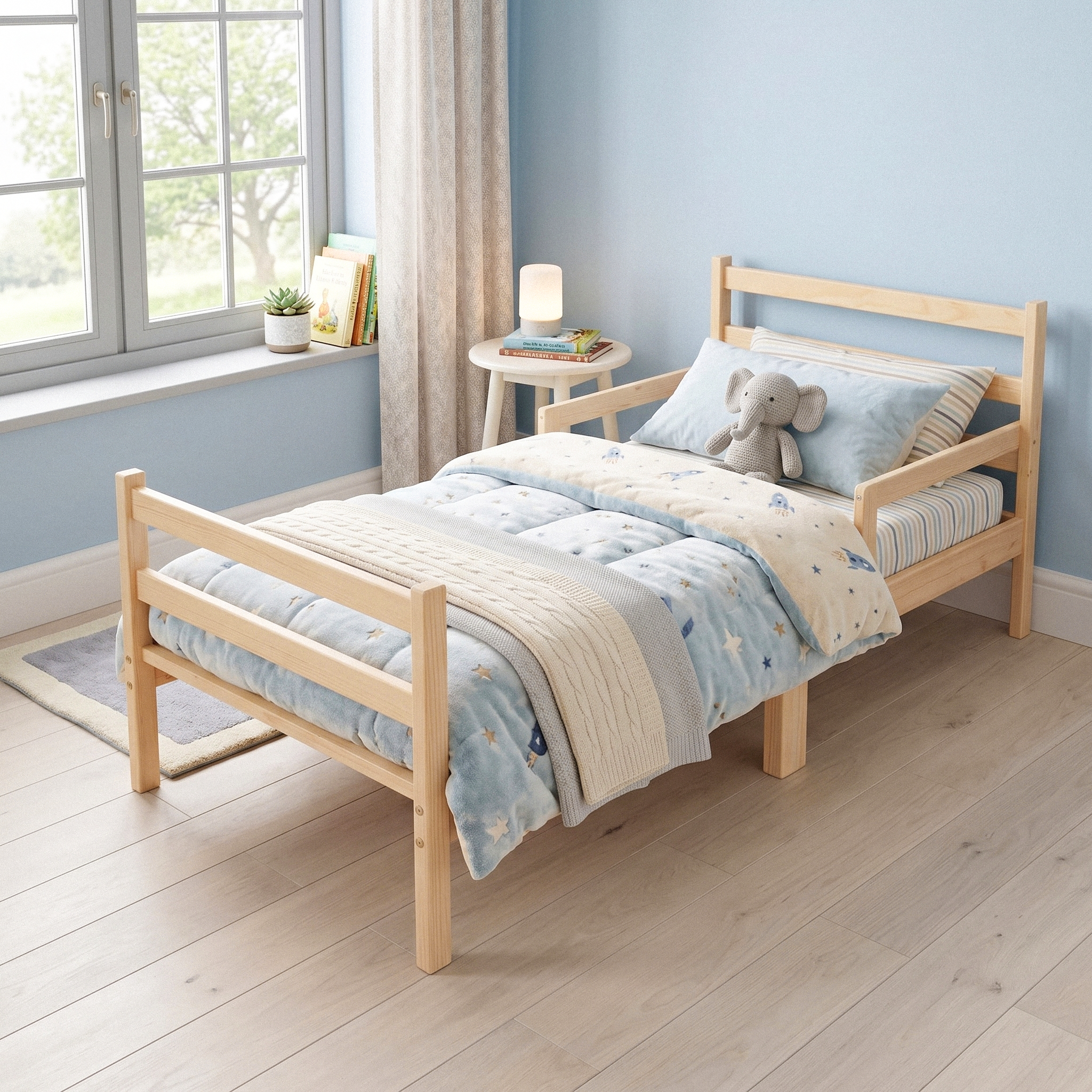 Montessori lastensänky Männikkö – matala puinen lastensänky kaiteella 70x140, käsittelemätön massiivimänty, CE-sertifioitu.