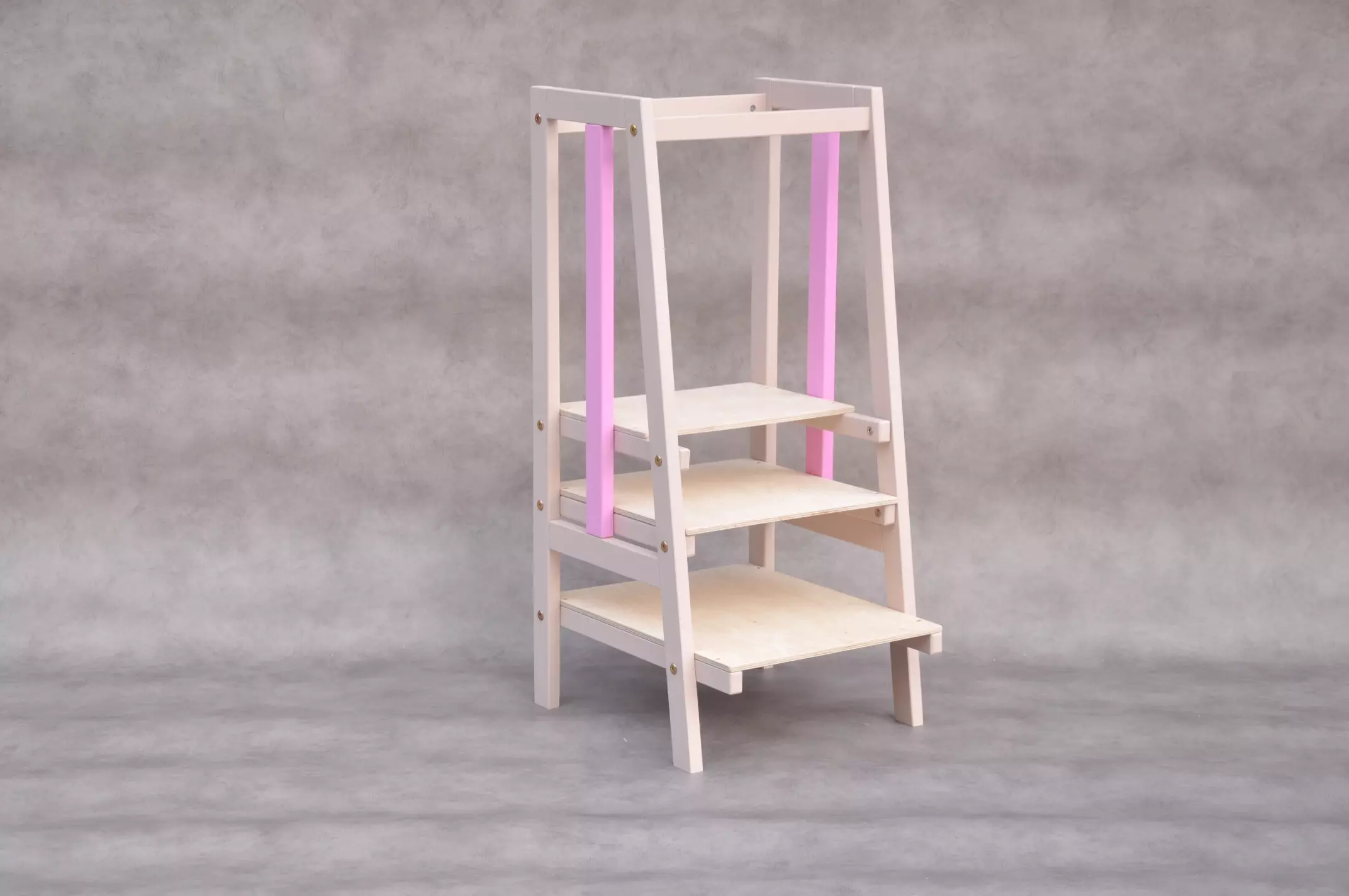 Kiinteä oppimistorni tytölle Stripe beige orkidea – 360° turvakaide, 3 tasoa, FSC-mänty, CE-sertifioitu.