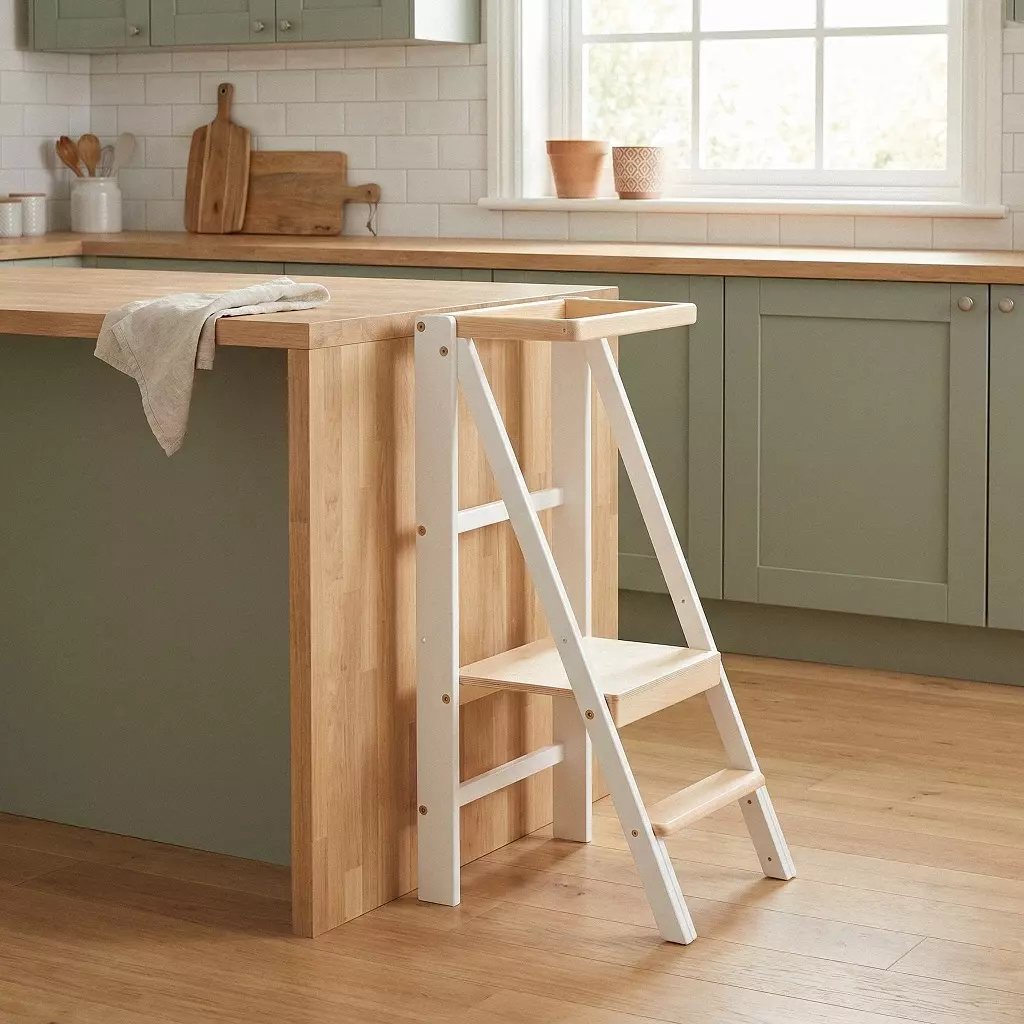 Valkoinen puinen oppimistorni Slim White Loft taitettuna 12 cm – kompakti keittiöapuri pieneen tilaan.